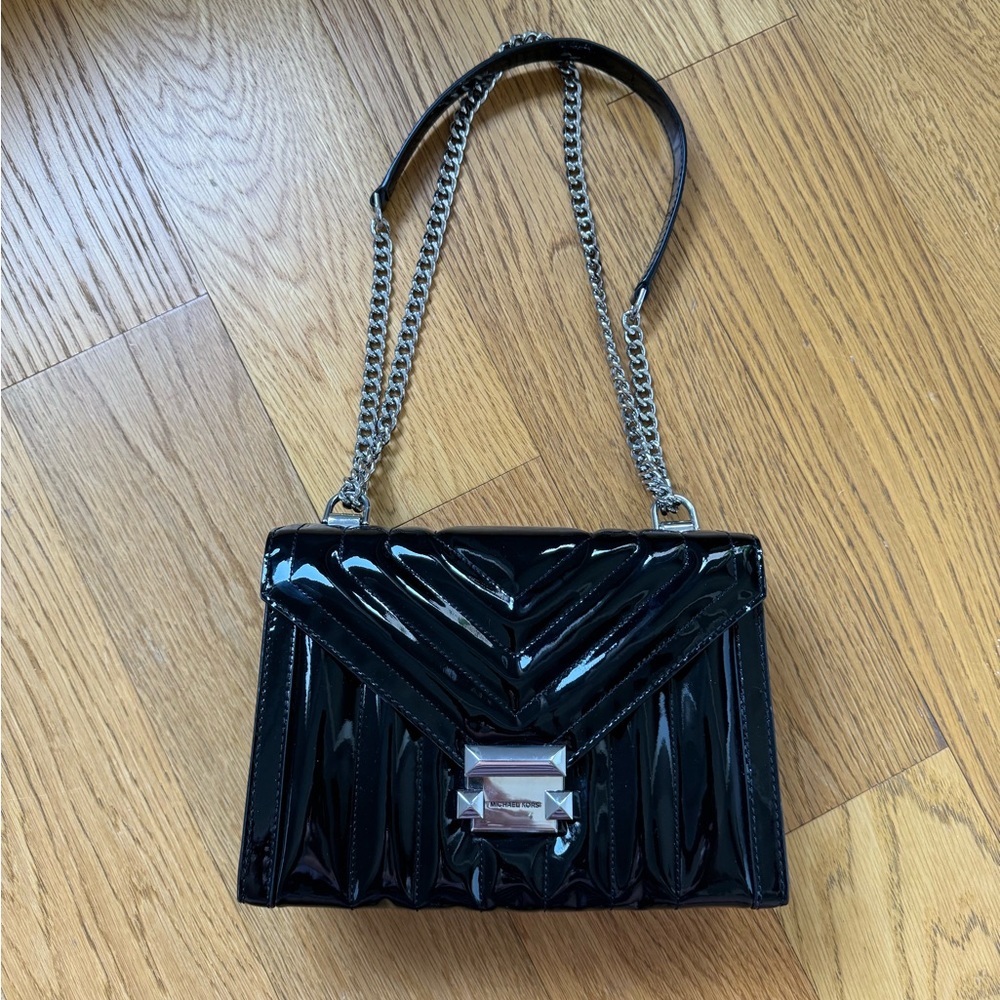 Michael Kors Whitney Medium Quilted Shoulder Bag in Black Patent Leather